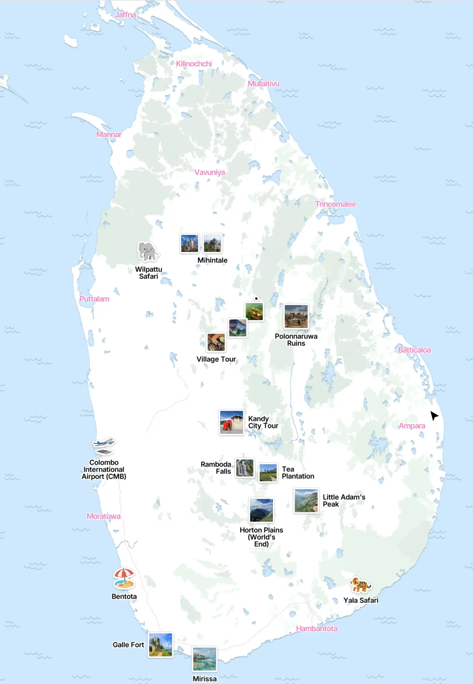14-Day All-Inclusive Sri Lanka Tour Route Map showing destinations from Colombo to cultural sites, tea country, wildlife parks and southern beaches